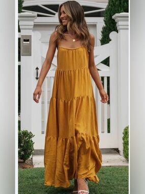 NWT Lumiere Mustard Yellow Cotton Blend Adjustable Tiered Maxi Dress, Size L